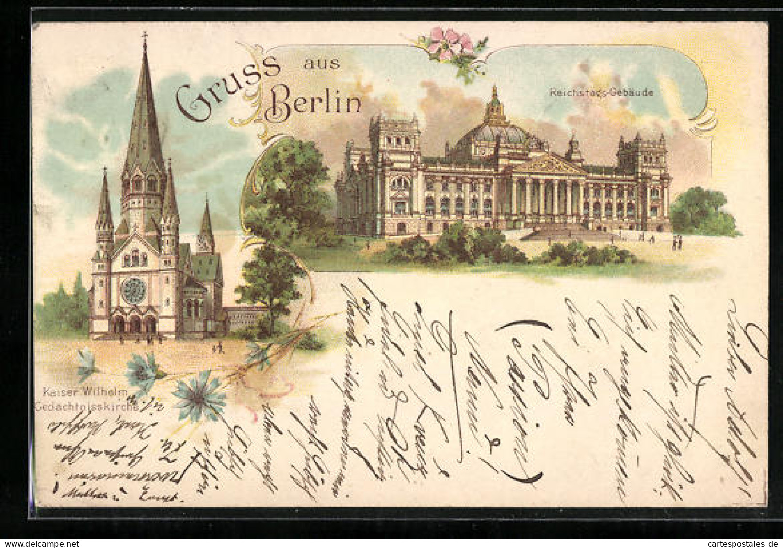Lithographie Berlin-Tiergarten, Reichstags-Gebäude, Kaiser Wilhelm Gedächtnisskirch  - Tiergarten