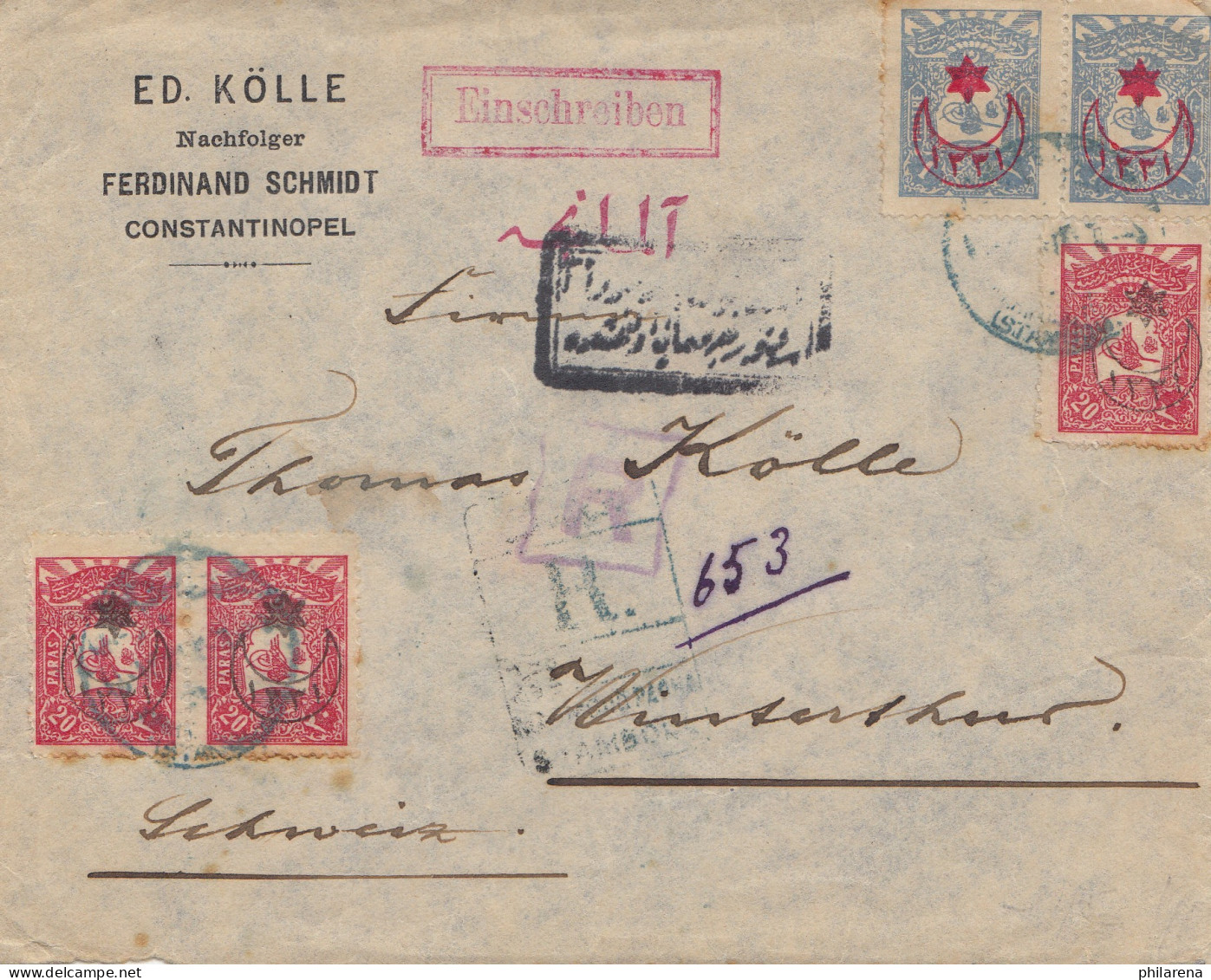 Türkei: 1916: Brief Als Einscheiben Von Konstantinopel Nach Winterthur - Other & Unclassified