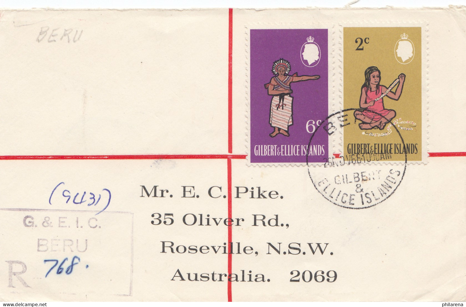 Gilbert & Ellice Islands 1969: Registered Beru To Australia - Otros & Sin Clasificación
