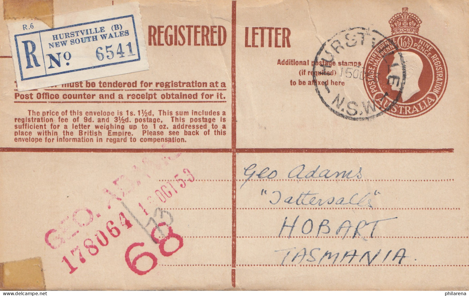 Australia 1953: Registered Letter Hurstville To Tasmania - Otros & Sin Clasificación