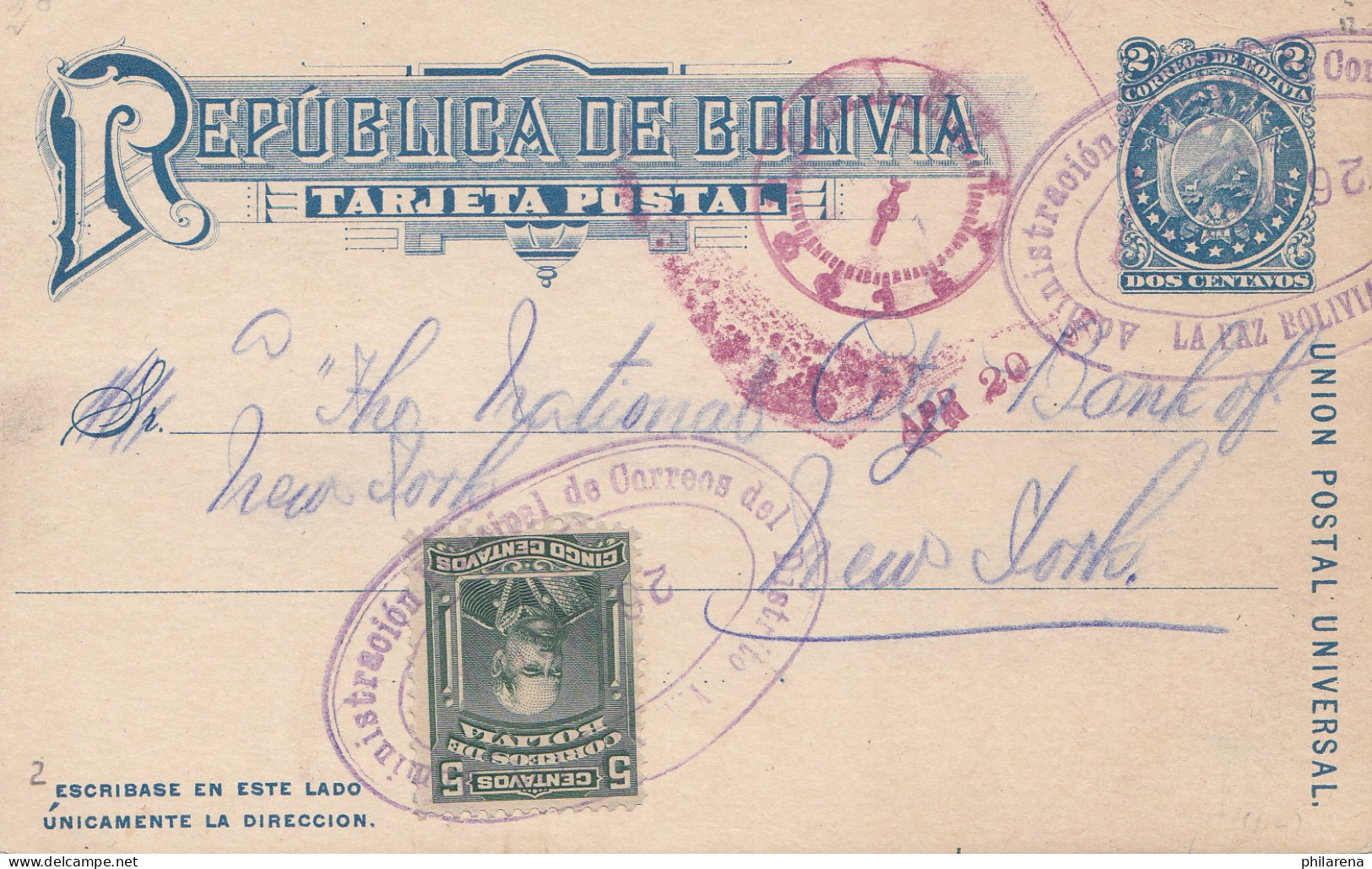 Bolivia/Bolivien:  1914 Post Card La Pax To USA - Bolivien