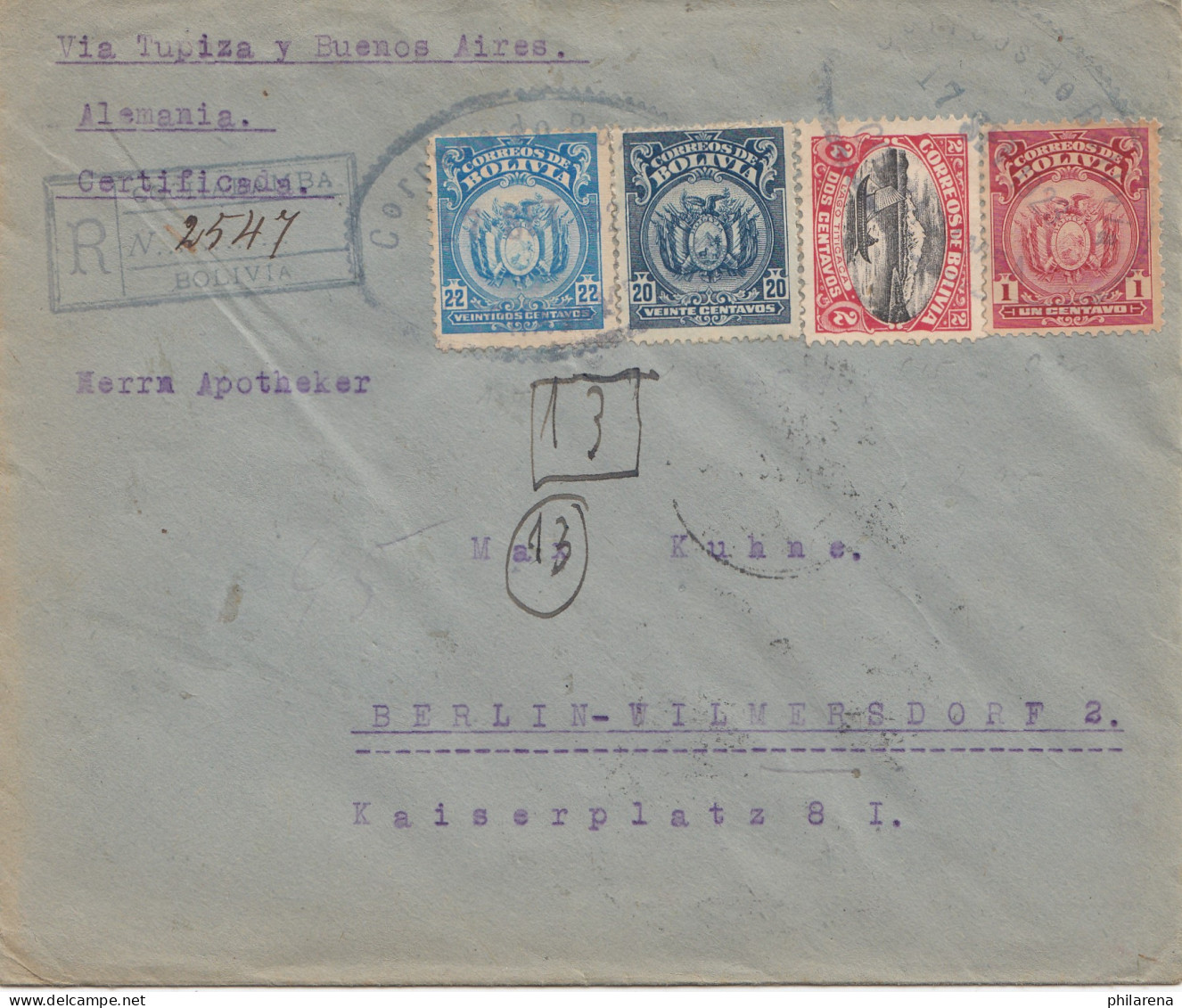 Bolivia/Bolivien: 1923: Registered Cochabamba To Berlin/Germany - Bolivie