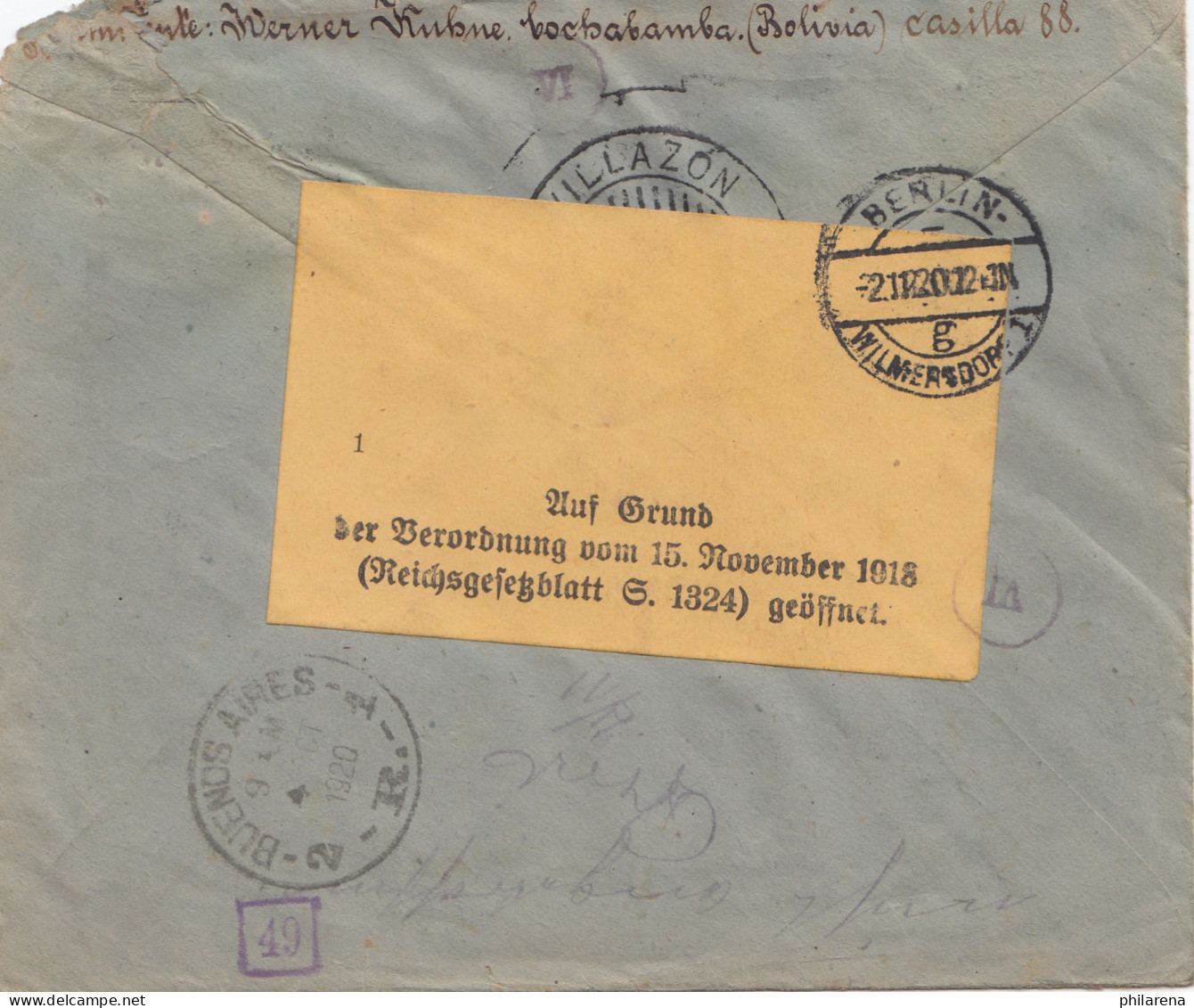 Bolivien: 1920 Cochabamba To Berlin/Germany Registered, Censor - Bolivien