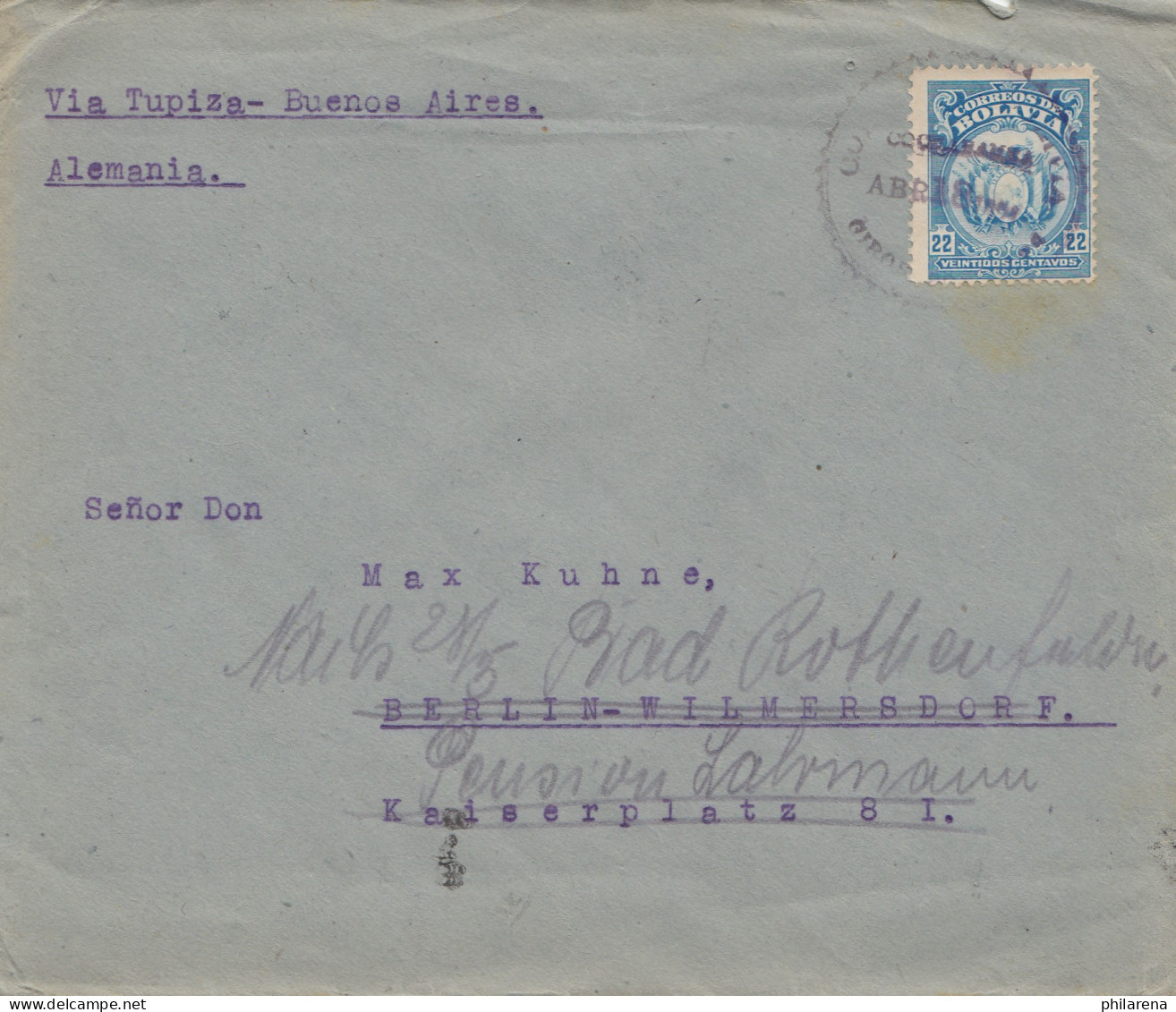 Bolivia/Bolivien: 1921 Cochabamba To Berlin/Germany - Bolivia