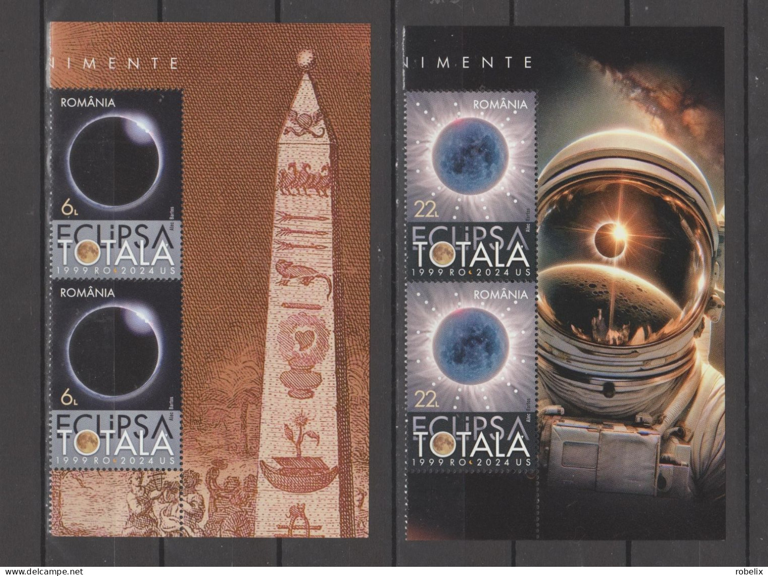 ROMANIA  2024  ASTRONOMY - TOTAL ECLIPSE From April 8 2024 - 2 Sets With  Illustrated Border  MNH** - Astronomy