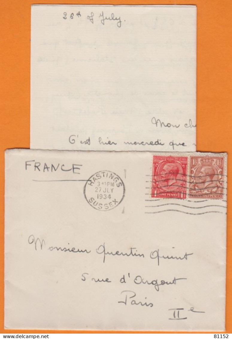 G.B.  Lettre De HASTINGS Sussex + Courrier    Le 27 JLY 1934 Avec Georges V 1p+1.5p - Cartas & Documentos