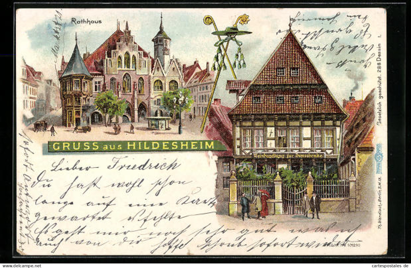 Lithographie Hildesheim, Rathaus, Gasthaus Weinhandlung Zur Domschenke  - Hildesheim