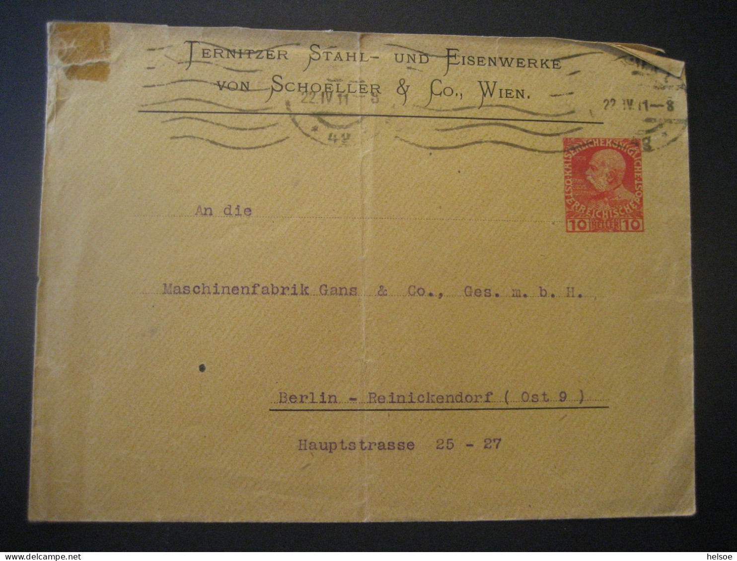 Österreich- Geschäfts-Ganzsache Gelaufen 1911 Von Wien Nach Berlin - Briefe