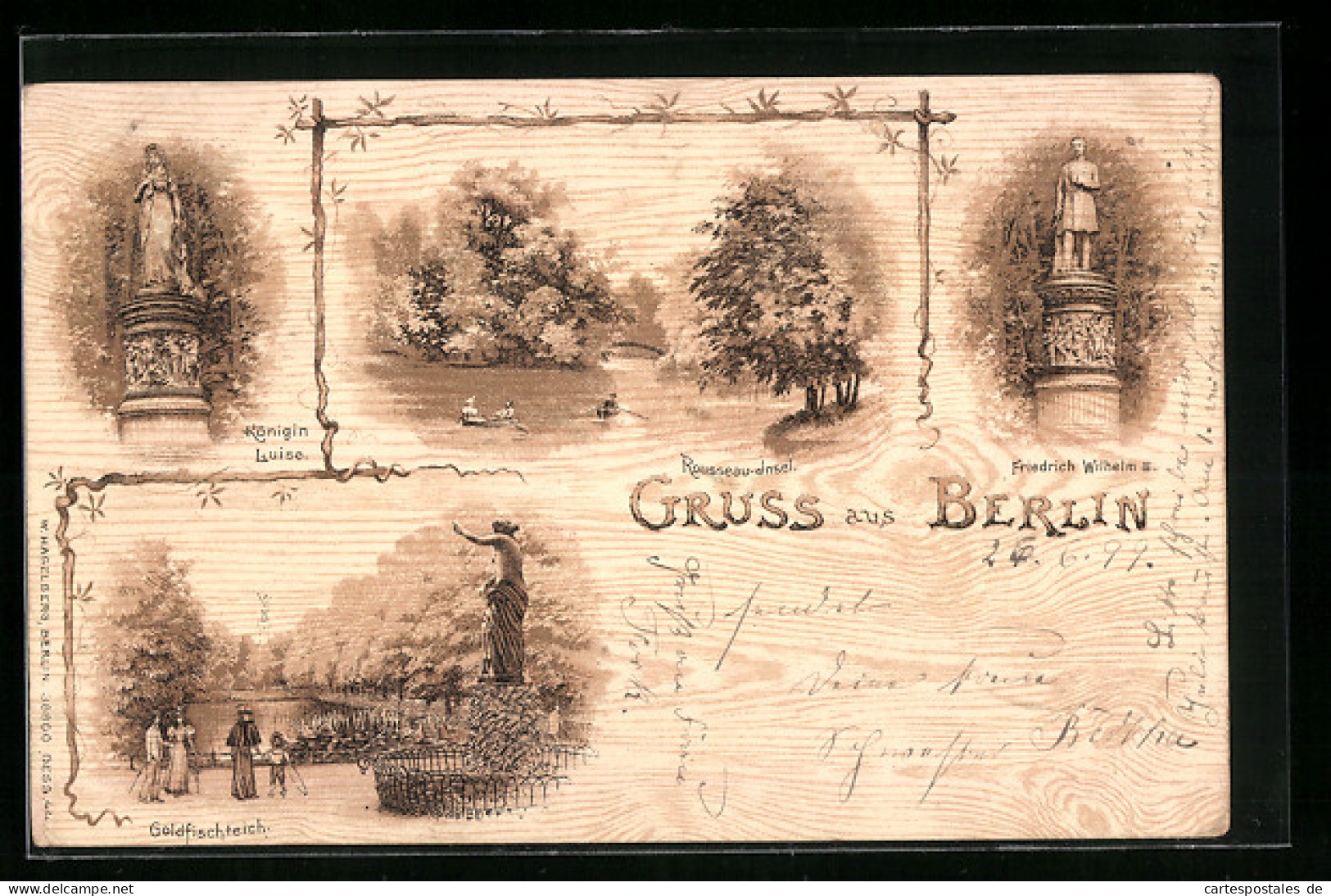 Lithographie Berlin-Tiergarten, Rousseau-Insel, Goldfischteich, Friedrich Wilhelm III.  - Tiergarten
