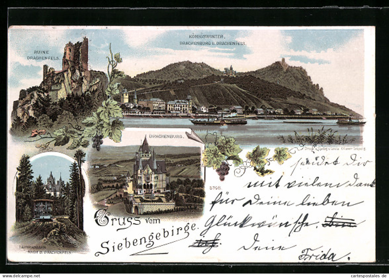 Lithographie Königswinter, Ortsansicht Mit Drachenburg Und Drachenfels, Zahnradbahn  - Königswinter