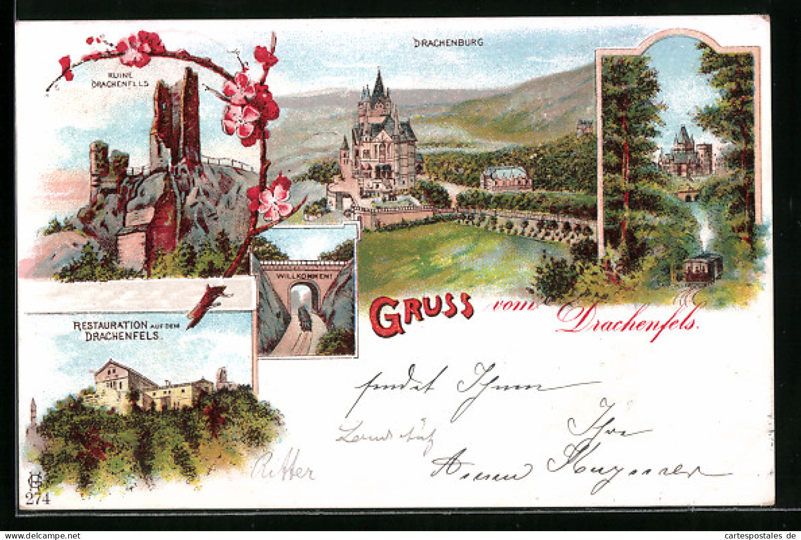 Lithographie Königswinter /Siebengebirge, Restaurant Auf Dem Drachenfels, Ruine Drachenfels, Drachenburg  - Koenigswinter