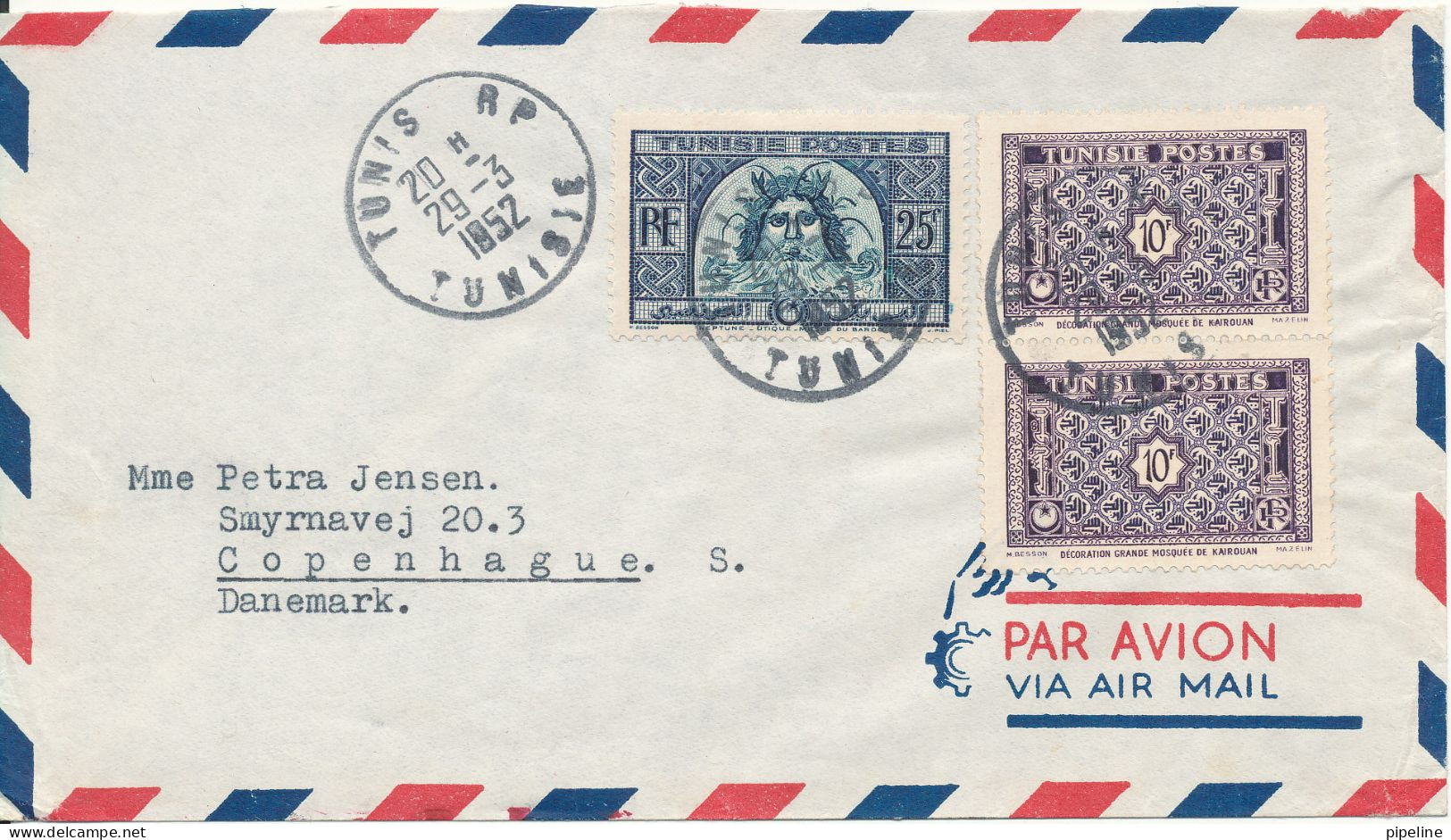 Tunisa Air Mail Cover Sent To Denmark 29-3-1952 - Tunisia (1956-...)