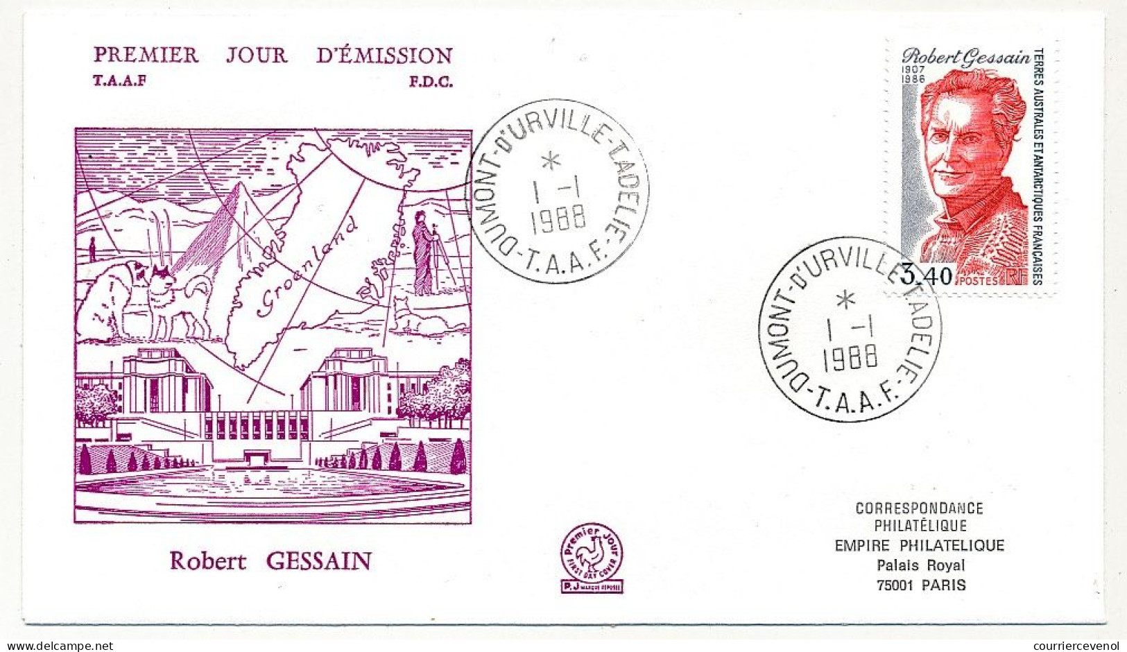 TAAF - Enveloppe FDC - 3,40 Robert Gessain - Dumont D'Urville T. Adélie - 1-1-1988 - FDC