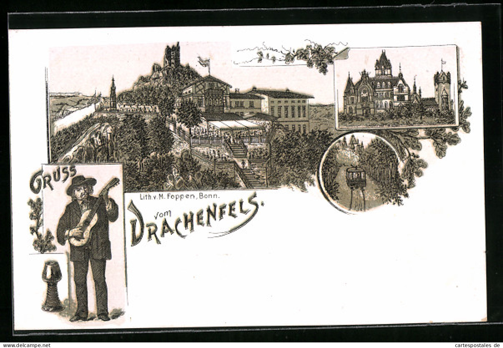 Lithographie Drachenfels, Hotel, Schloss, Bahn  - Drachenfels