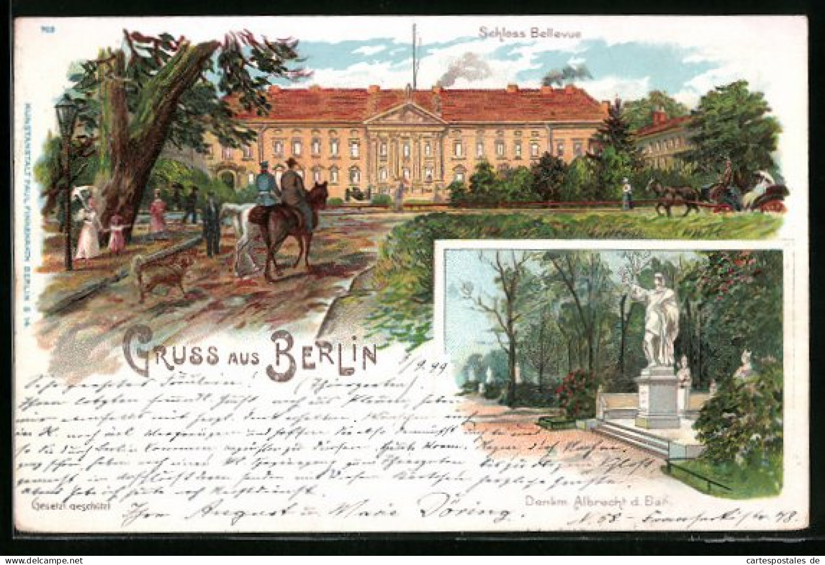 Lithographie Berlin-Tiergarten, Schloss Bellevue Und Denkmal Albrecht D. Bär  - Tiergarten