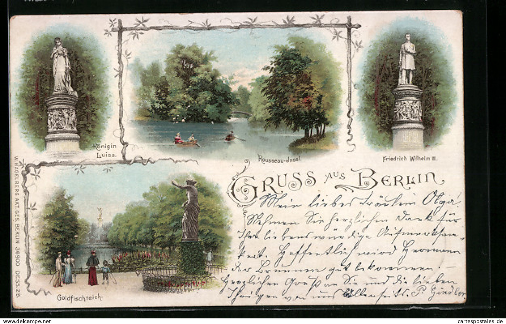 Lithographie Berlin-Tiergarten, Rousseau-Insel, Königin Luise, Friedrich Wilhelm III.  - Tiergarten