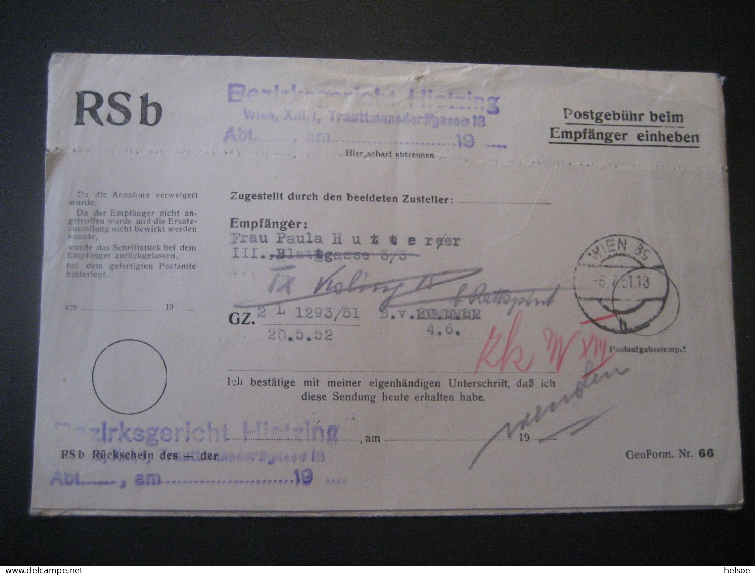 Österreich 1949- RSb- Brief Vom Bezirksgericht Hietzing Gelaufen 1951 Mit Porto MiNr. 249 Von Wien XIII Nach Wien III - Impuestos