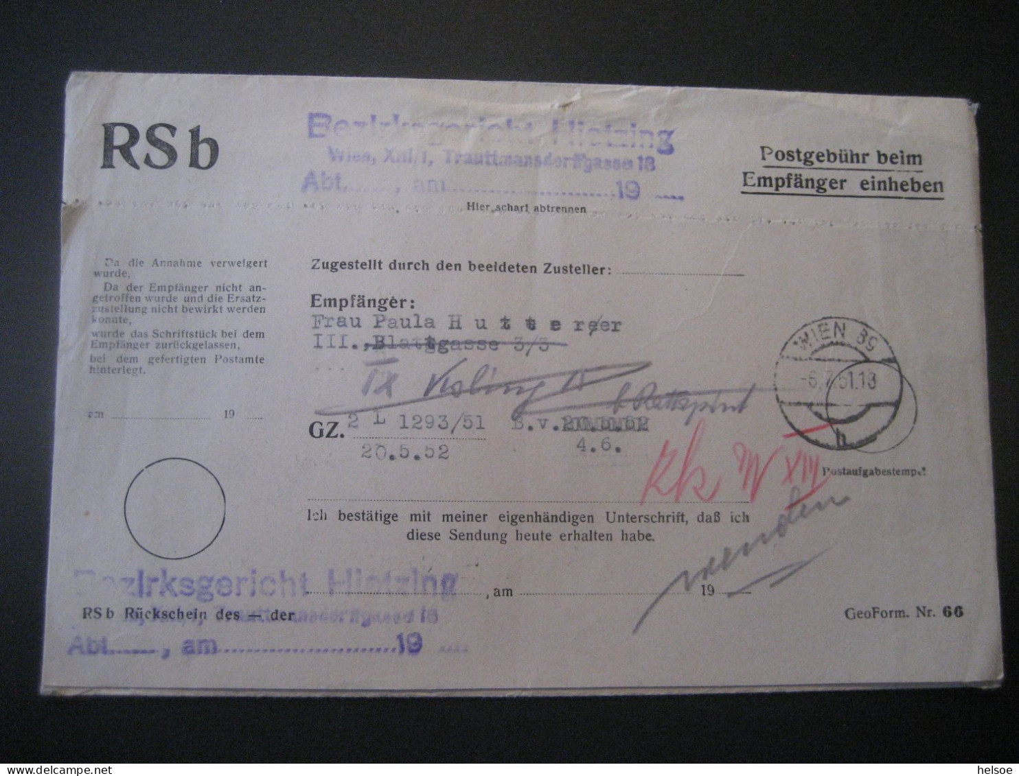 Österreich 1949- RSb- Brief Vom Bezirksgericht Hietzing Gelaufen 1951 Mit Porto MiNr. 249 Von Wien XIII Nach Wien III - Postage Due