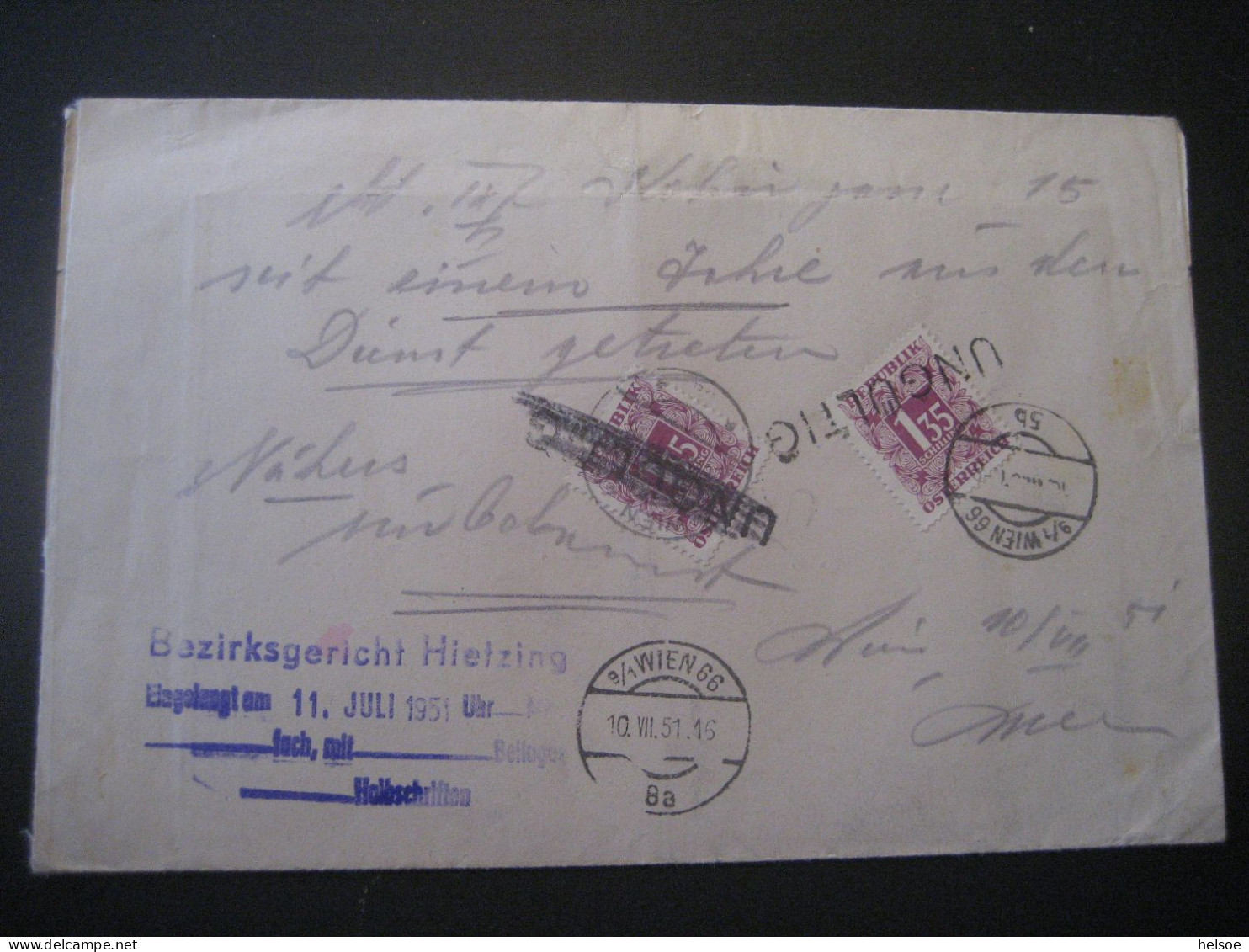 Österreich 1949- RSb- Brief Vom Bezirksgericht Hietzing Gelaufen 1951 Mit Porto MiNr. 249 Von Wien XIII Nach Wien III - Postage Due