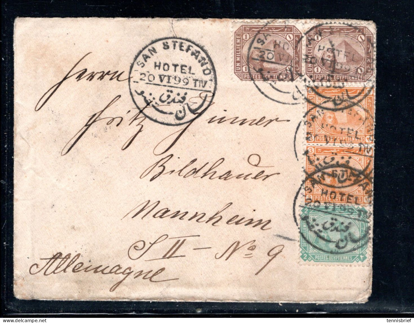 1899 , Scarce Hotel-postmark"" SAN STEFANO -HOTEL " Very Clear On 5 Stamps, Cover To Germany  #152 - 1866-1914 Khedivaat Egypte