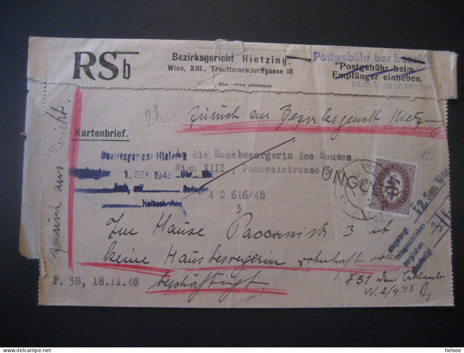 Österreich- RSb- Kartenbrief Vom Bezirksgericht Hietzing Gelaufen 1948 Mit Porto MiNr. 219 Von Wien XIII Nach Wien XIII - Taxe