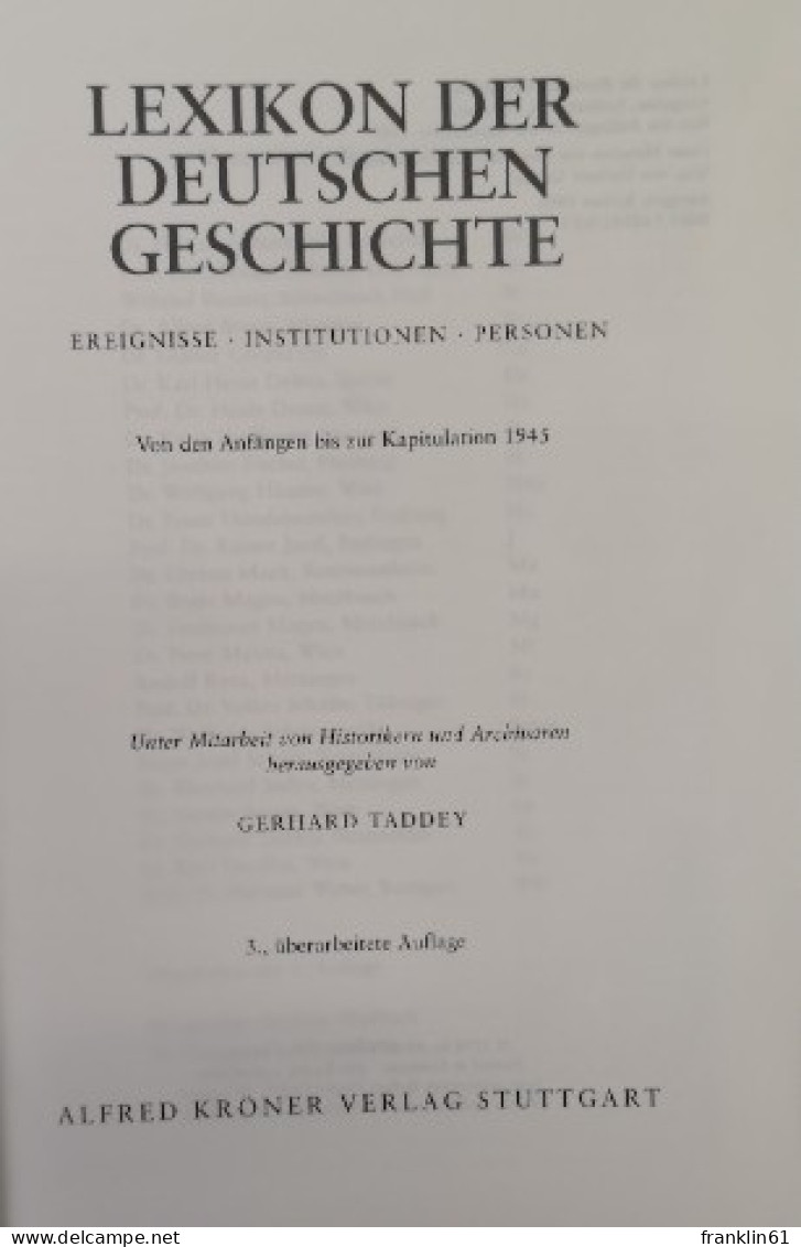 Lexikon Der Deutschen Geschichte: Ereignisse. Institutionen. Personen. - Lexiques
