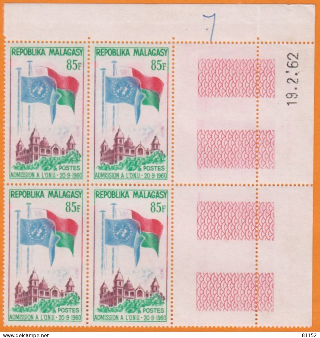 MADAGASCAR Coins Datés " Admission à L' ONU " 85F Y.et.T. 363 Le 19 2 1962  Scan Recto-verso - Madagascar (1960-...)