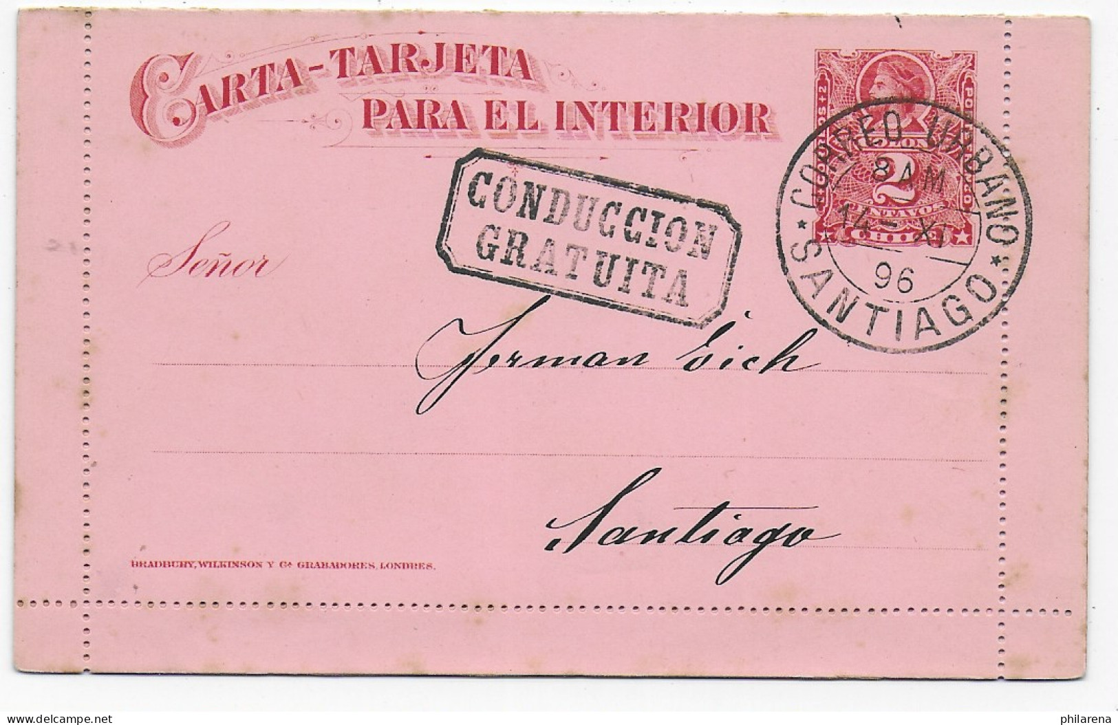 Kartenbrief Santiago 1896, Conduccion Gratuita, No Text Content - Cile