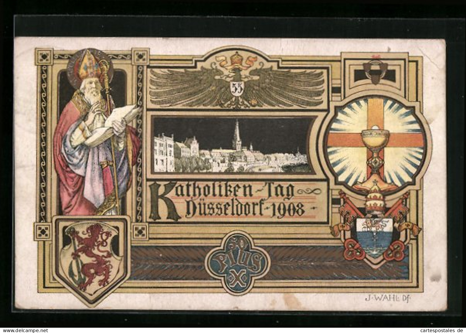 Künstler-AK Düsseldorf, Katholiken-Tag 1908, Papst Pius X, Wappen  - Autres & Non Classés