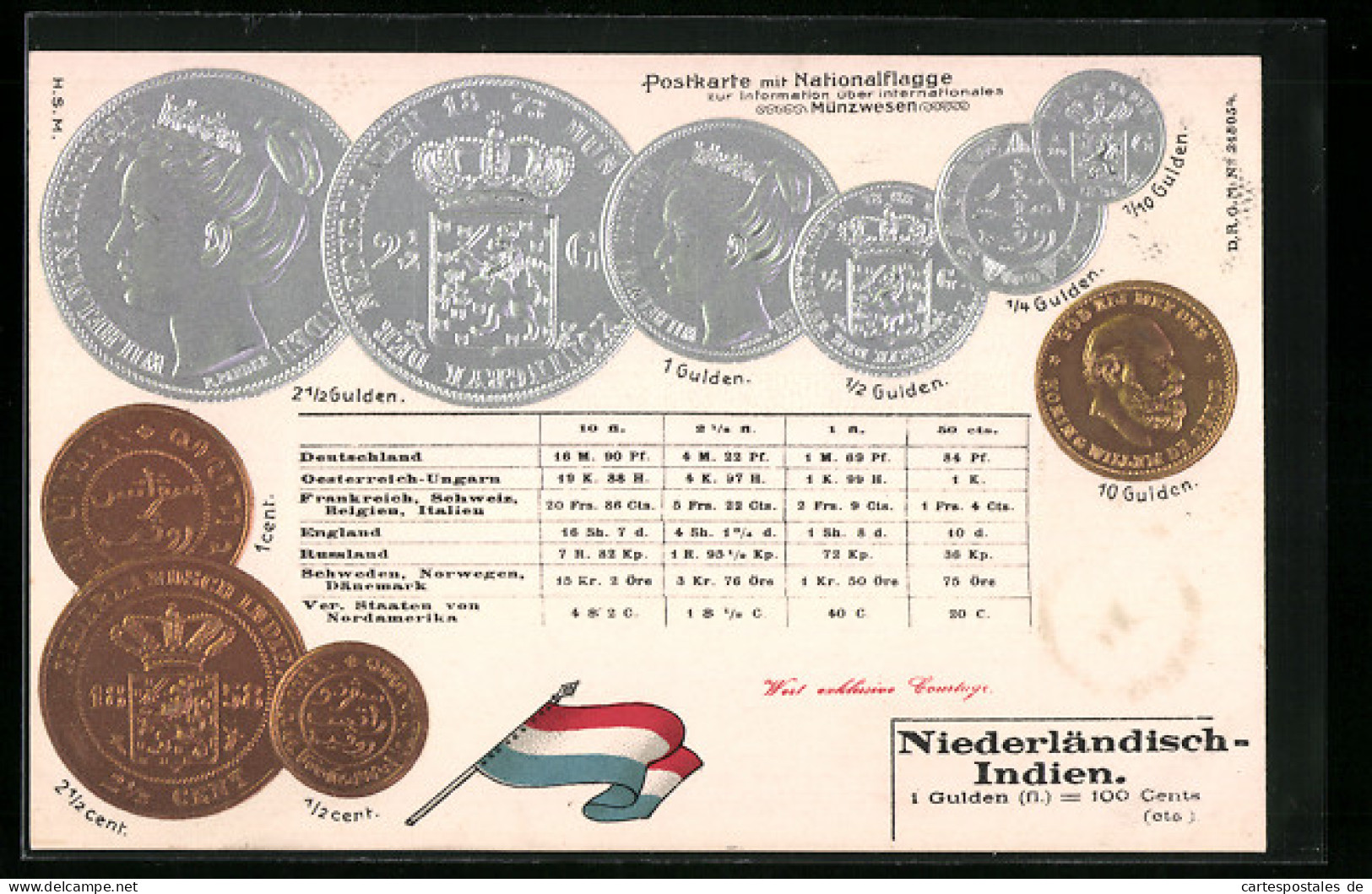 Präge-AK Niederländisch-Indien, Währungstabelle Mit Geldmünzen Und Nationalflagge  - Münzen (Abb.)