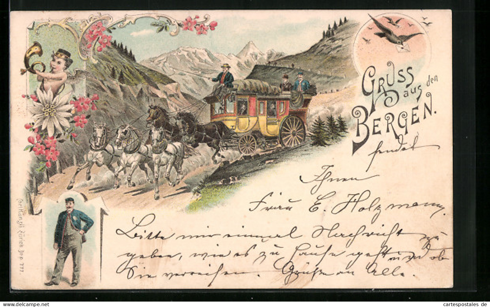 Lithographie Postkutsche In Den Bergen  - Poste & Postini