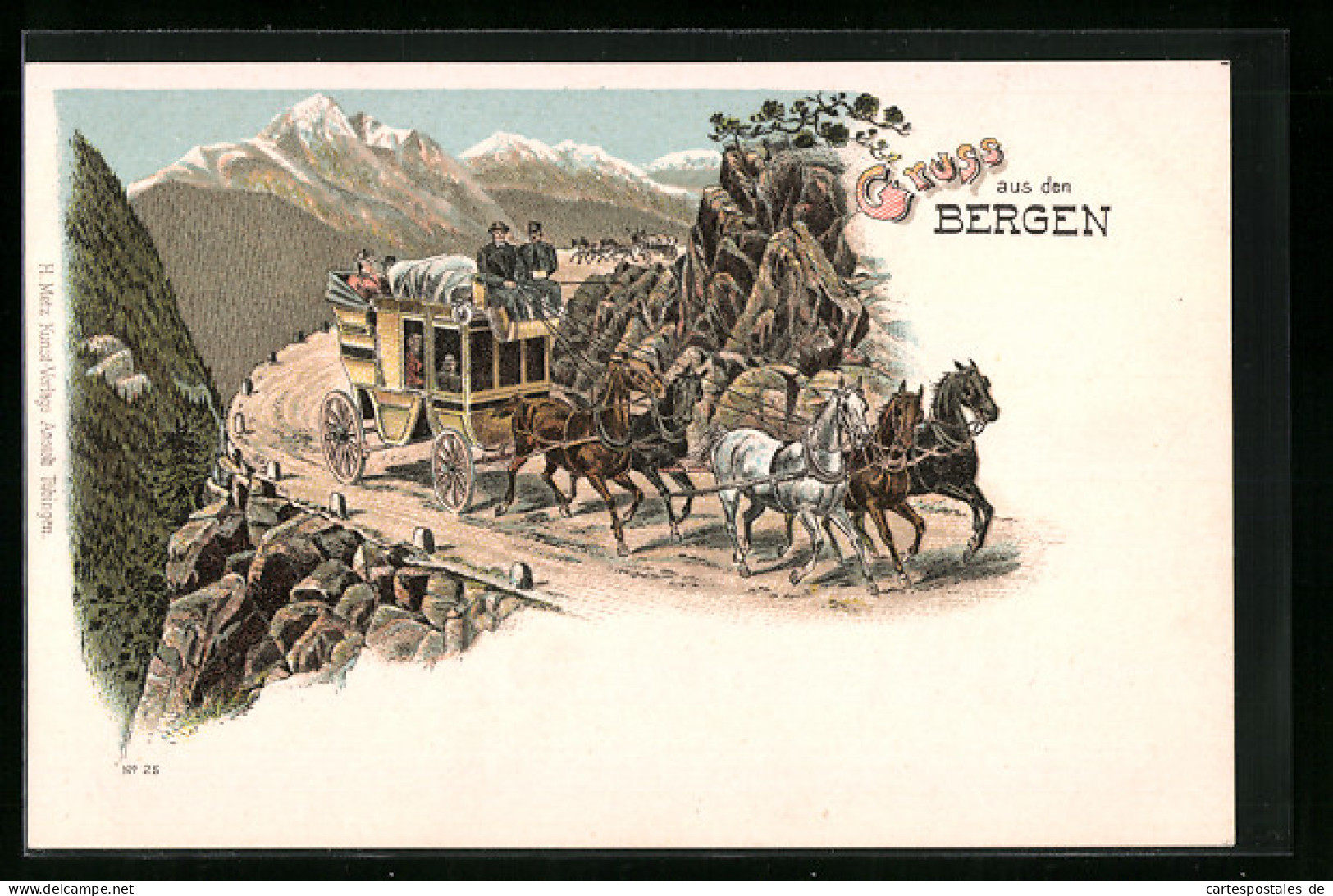 Lithographie Ober-Engadin, Postkutsche In Den Alpen, Postillon  - Post