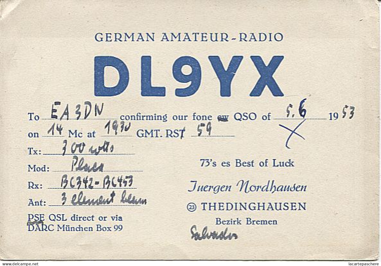 X120857 CARTE QSL RADIO AMATEUR DL9YX ALLEMAGNE GERMANY DEUTSCHLAND BEZIRK BREMEN  EN 1953 - Radio Amatoriale