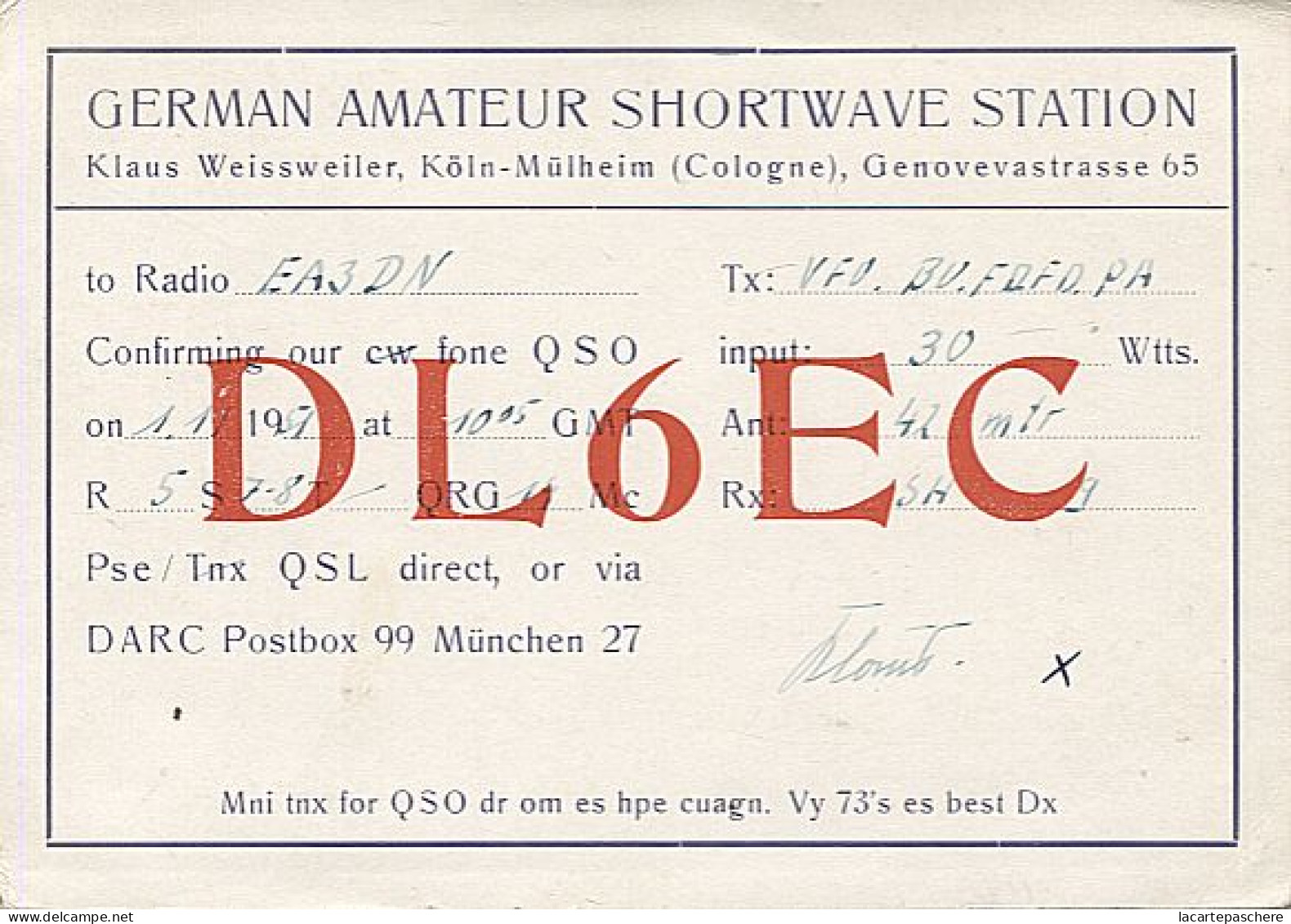 X120859 CARTE QSL RADIO AMATEUR DL6EC  ALLEMAGNE GERMANY DEUTSCHLAND KOLN - MULHEIM EN 1951 - Amateurfunk