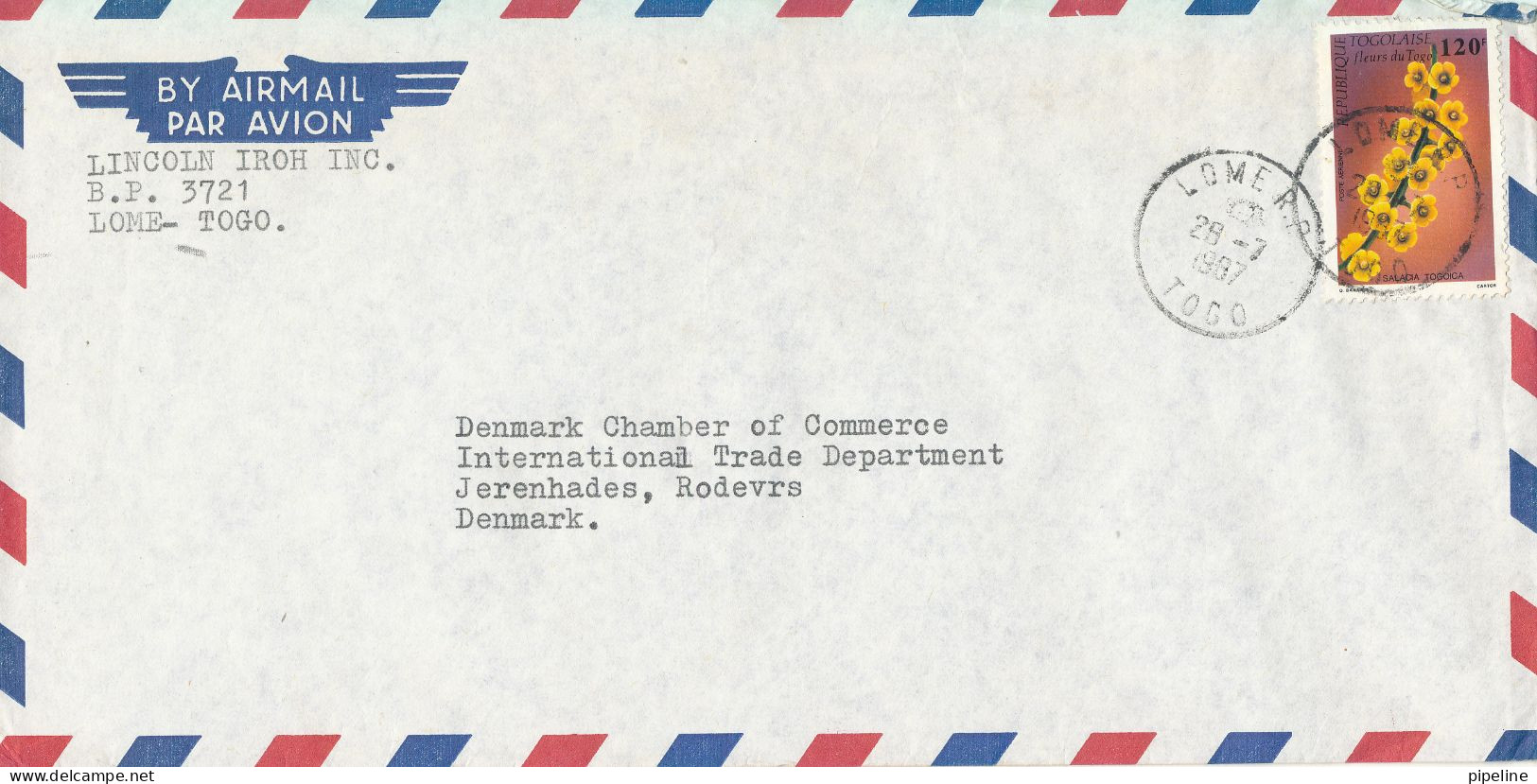 Togo Air Mail Cover Sent To Denmark 28-7-1987 Single Franked - Togo (1960-...)