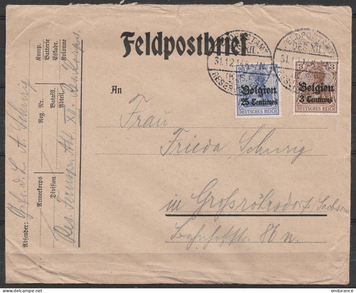 L. Feldpostbrief Affr. N°OC1+OC4 Càpt "FELDPOSTAMT DES XII /31.12.1914" Pour Großröhrsdorf (Sachsen) - OC1/25 Gouvernement Général