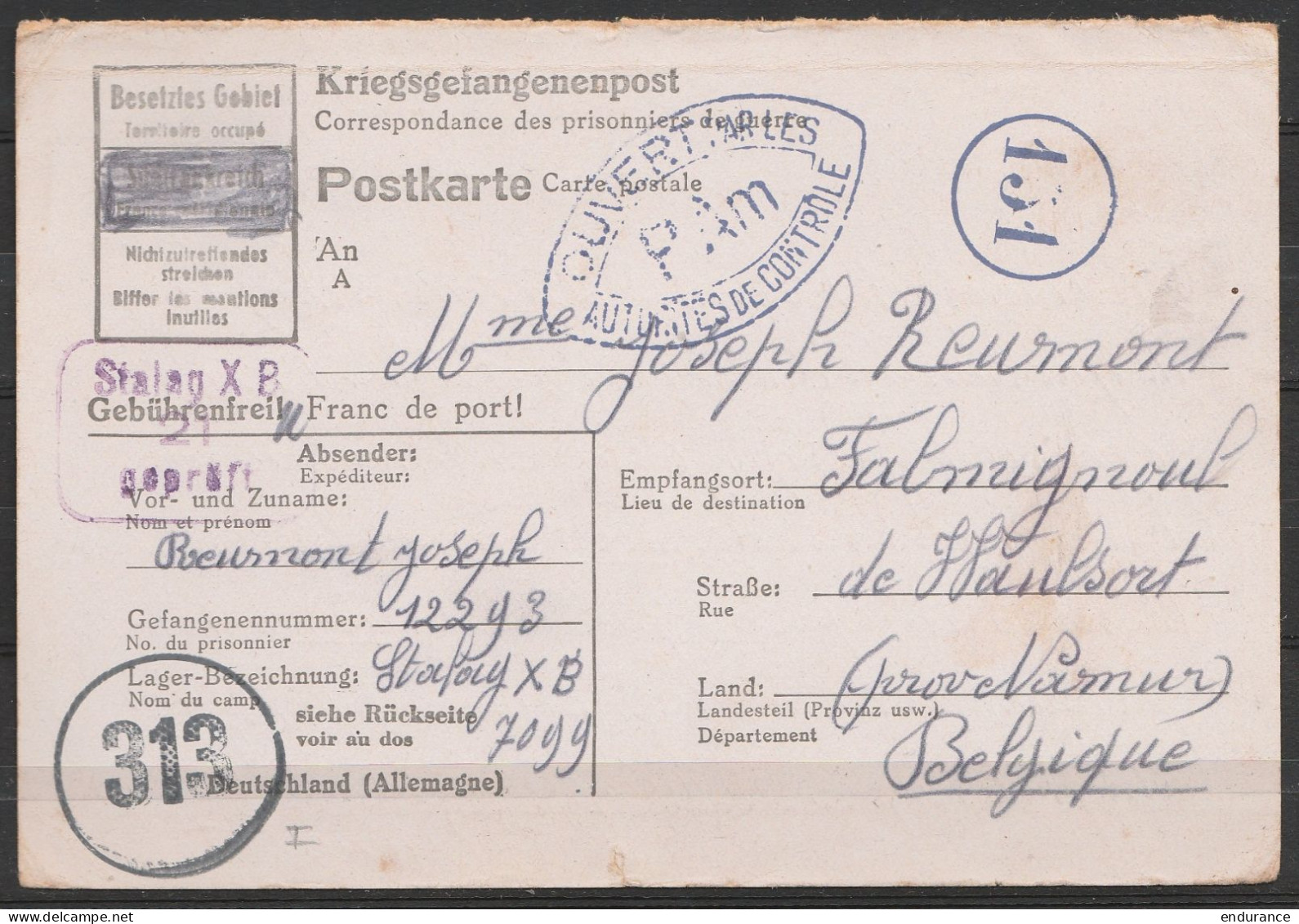 Carte Postale De Prisonnier (Kriegsgefangenenpost) Du STALAG XB / 7 Janvier 1945 Pour FALMIGNOUL - Cachets Censure - Guerra '40-'45 (Storia Postale)