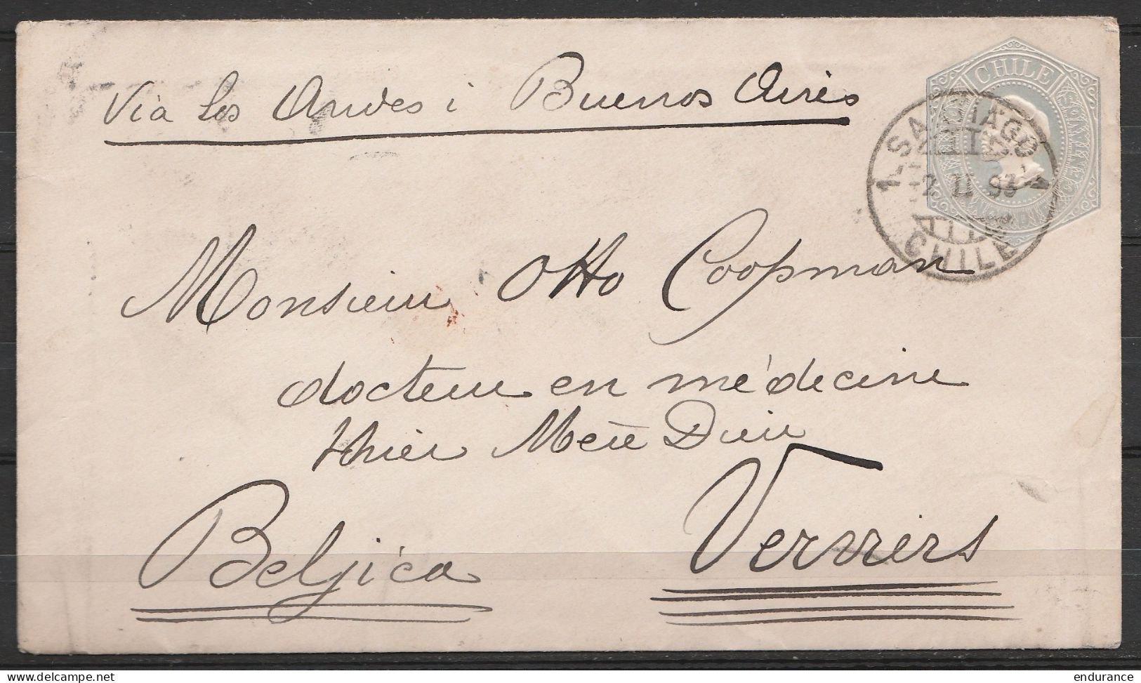 Chili - EP 10c Gris Càd SANTIAGO /2 II 1893 Pour Médecin à Verviers - Man. "via Les Andes I Buenos Aires" (au Dos : Càd  - Otros & Sin Clasificación