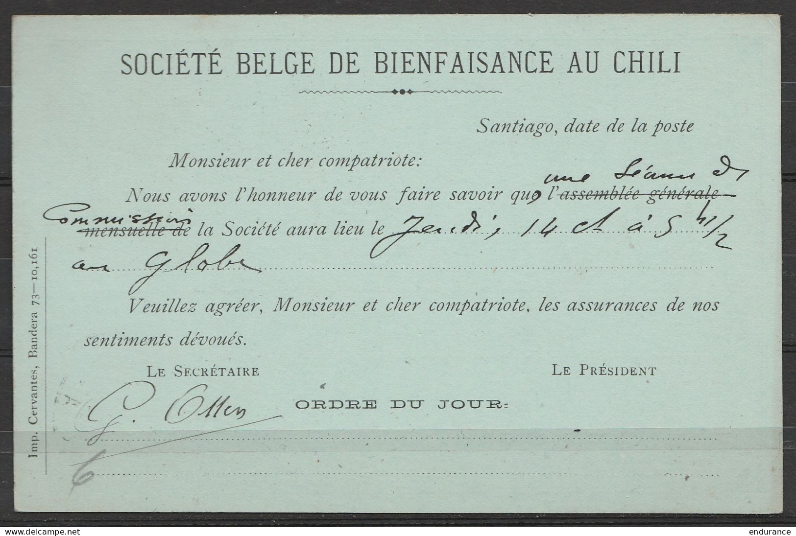 Chili - CP Tarjeta Postal 1c Repiquée "Société Belge De Bienfaisance Au Chili" Càd "SANTIAGO /12-VI 1894/ CONDUCCION GRA - Cile