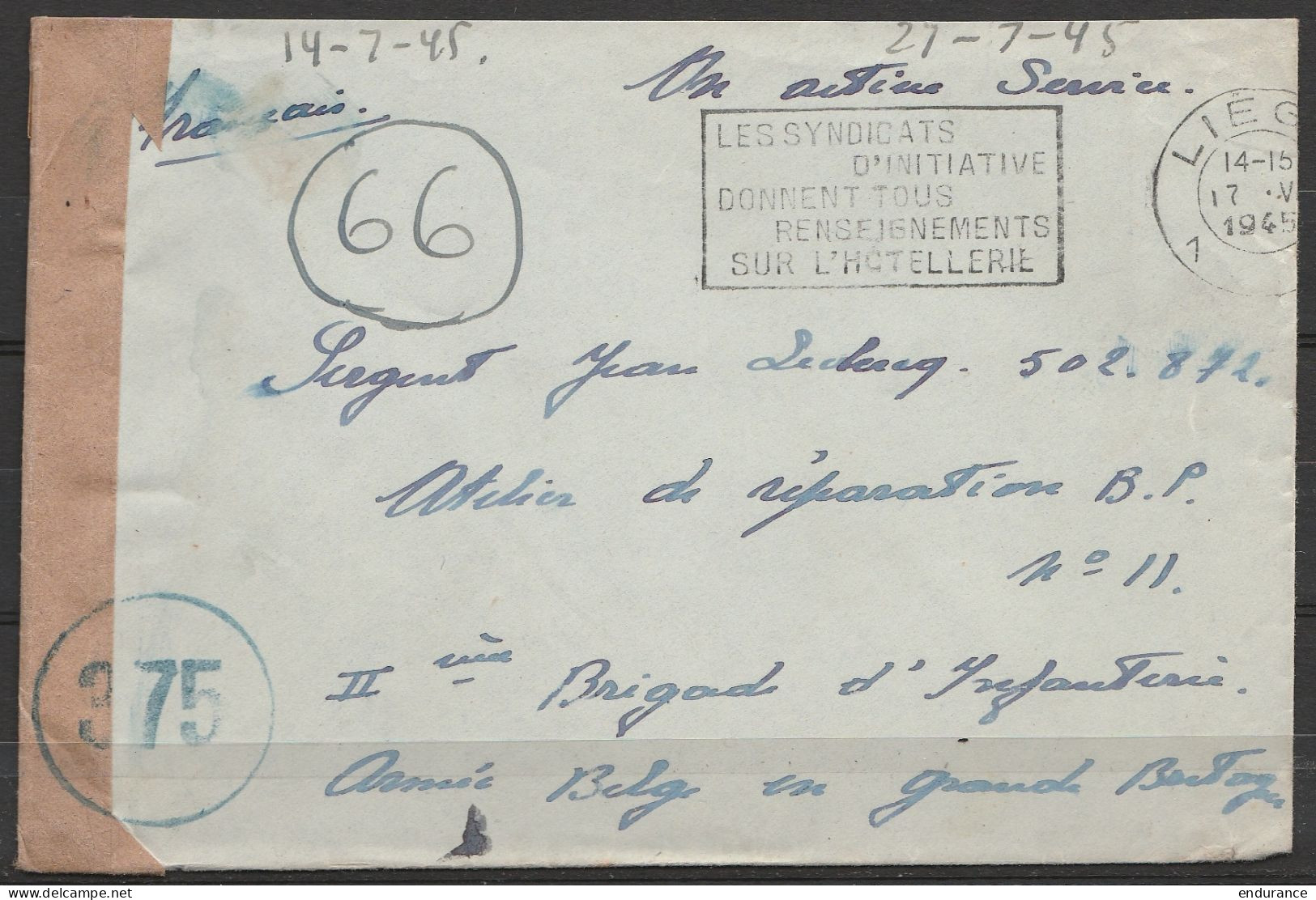 LSC (sans Texte) Franchise S.M. Flam. LIEGE /17.V.1945 Pour Sergent Brigade D'Infanterie Armée Belge En Grande Bretagne  - Guerre 40-45 (Lettres & Documents)