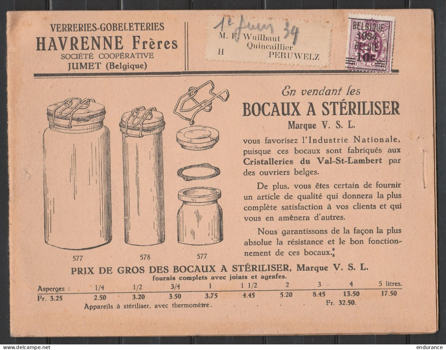 Dépliant Publicitaire Verreries-Gobeleteries Havrenne à JUMET Affr. PREO 10c 1934 Pour PERUWELZ - Tipo 1929-37 (Leone Araldico)