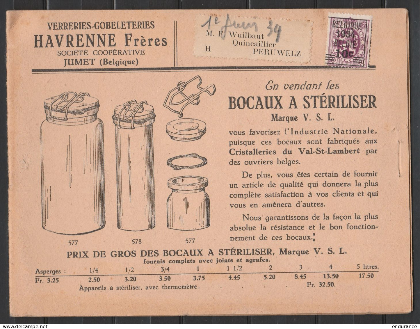Dépliant Publicitaire Verreries-Gobeleteries Havrenne à JUMET Affr. PREO 10c 1934 Pour PERUWELZ - Typo Precancels 1929-37 (Heraldic Lion)