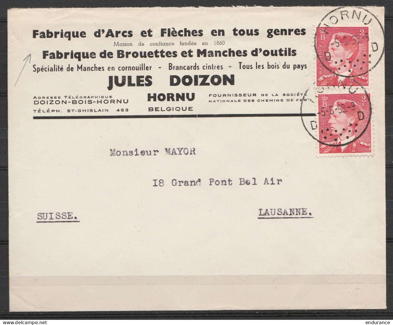 L. "Fabrique D'arcs Et De Flèches Jules Doizon" Affr. N°910x2 Càd HORNU /-5-5-1953 Pour LAUSANNE (Suisse) - Cartas & Documentos