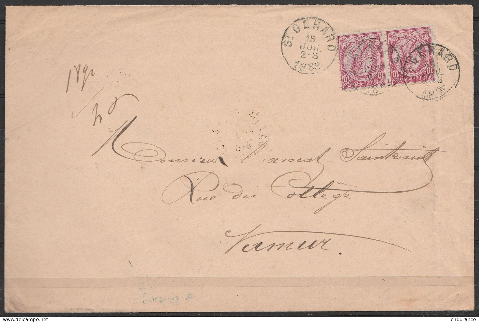 L. Affr. N°46 Paire Càd ST-GERARD /15 JUIL 1888 Pour Avocat à Namur (au Dos: Càd NAMUR (STATION) - 1884-1891 Leopoldo II