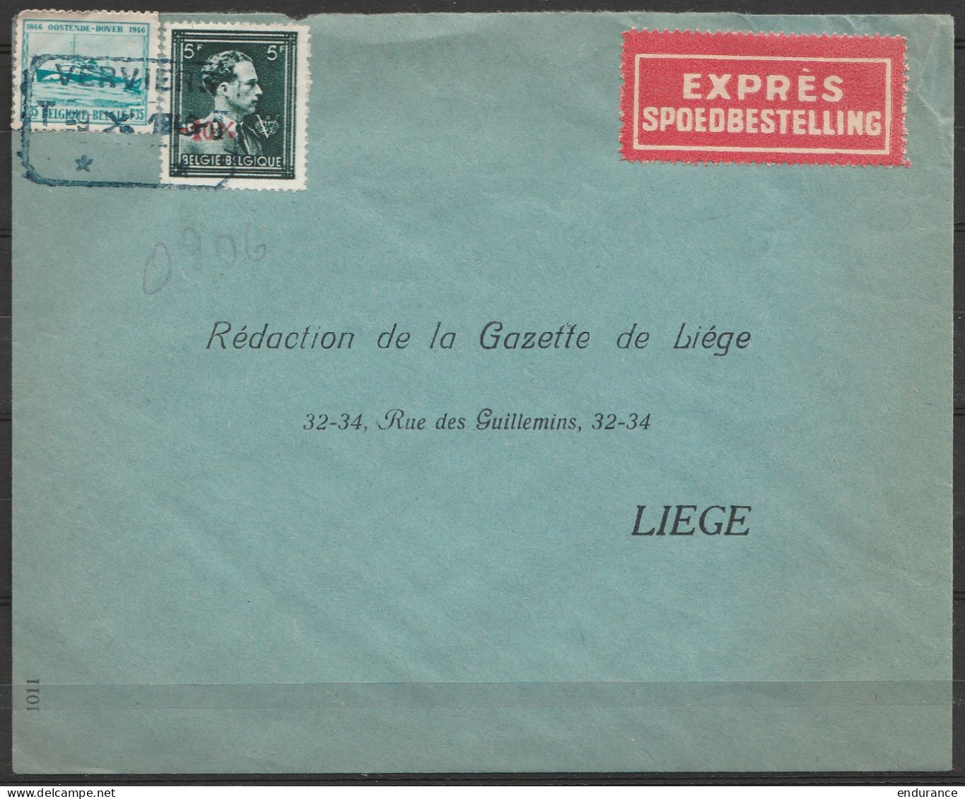 L. EXPRES Affr. N°724T+725 Càd Bleu CdF [VERVIERS /-9.X.1946] Enveloppe Préadressée Gazette De Liège (patte De L'envelop - 1946 -10%