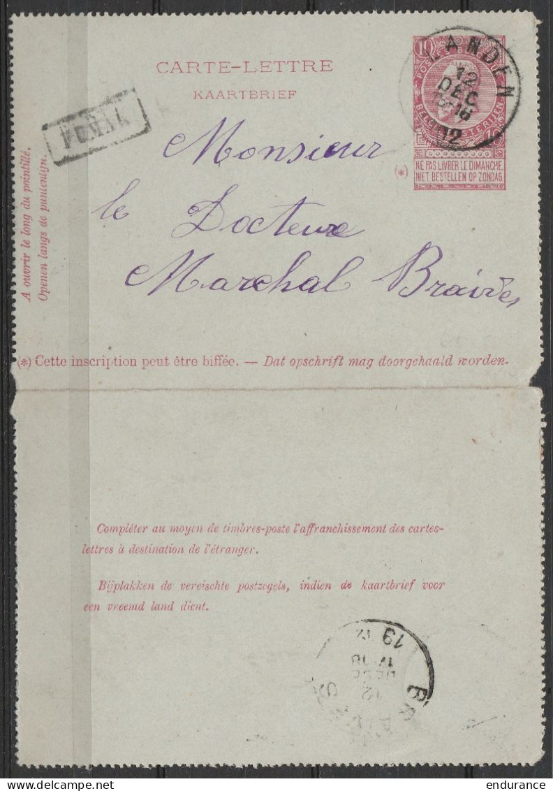 Carte-lettre 10c Rose Fine Barbe (N°58) Càd LANDEN /12 DEC 1902 Pour Médecin à BRAIVES - Griffe [FUMAL] (au Dos: Càd BRA - Carte-Lettere