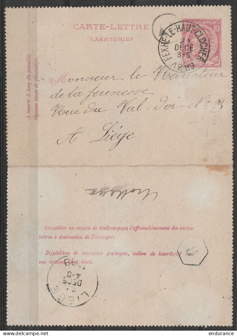 Carte-lettre 10c Rouge (N°46) Càd FEXHE-LE-HAUT-CLOCHER /21 DEC 1889 Pour LIEGE - Boîte A? - Kartenbriefe