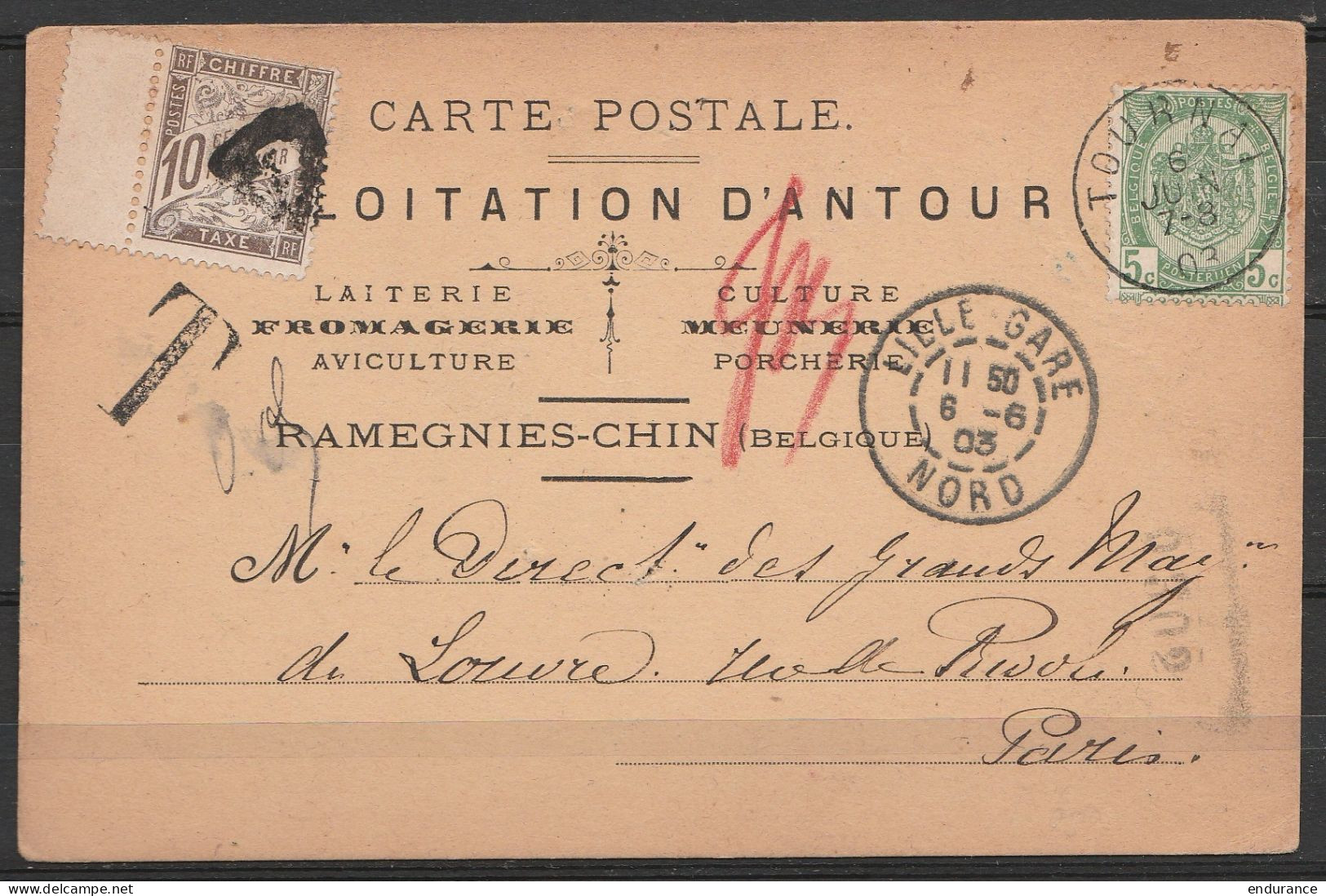 CP "Laiterie, Fromagerie Exploitation D'Antour (Ramegnies-Chin) Affr.N°56 Càd TOURNAI /6 JUIN 1903 Pour Grands Magasins  - 1893-1900 Fijne Baard