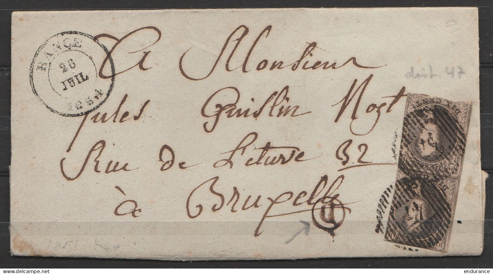 L. Datée 26 Juillet 1854 De SIVRY Affr. N°6 (paire Verticale) D47 Càd RANCE /26 JUIL 1854 Pour BRUXELLES - Boîte "D" (au - 1851-1857 Medallions (6/8)