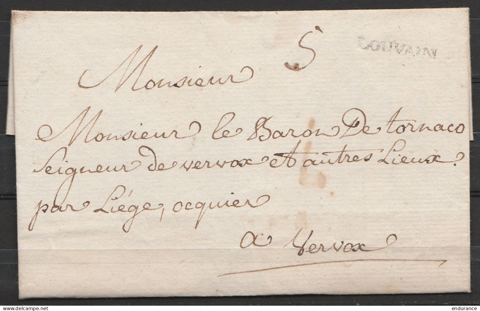 LSC (sans Texte, Sans Date) Pour Baron De Tornaco à VERVOX - Griffe "LOUVAIN" - 1790-1794 (Révol. Autrich. Et Invas. Franç.)